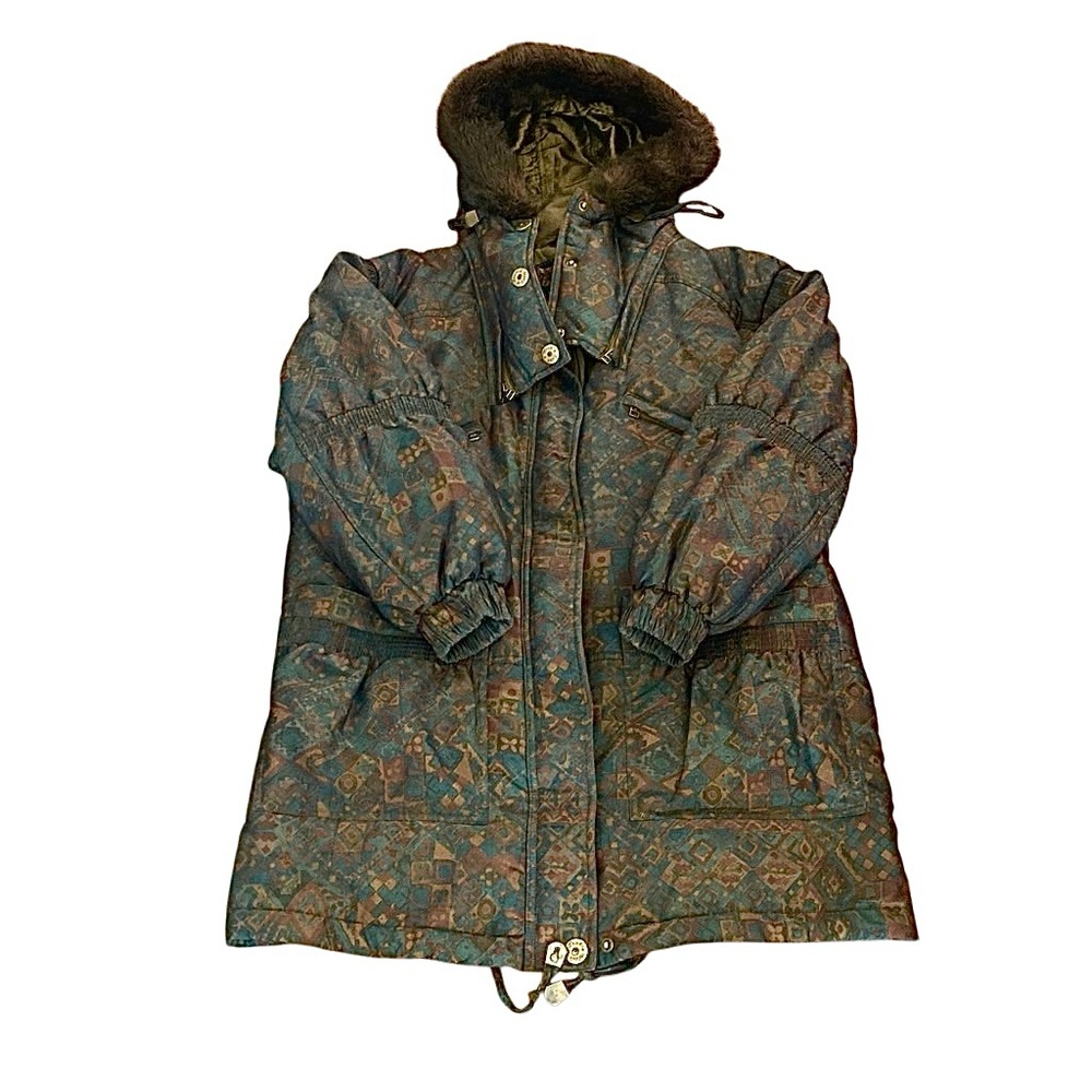Vintage East West Size Medium All Over Print Faux Fur Hooded Coat